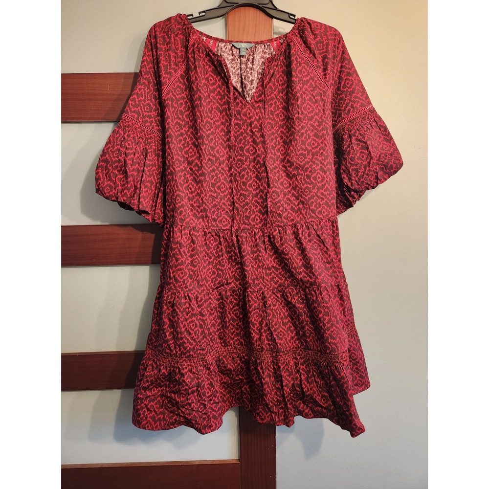 Terra & Sky Womens 2X Rusty Red Ikat Print Tiered Mini Dress Puff Sleeve NWT